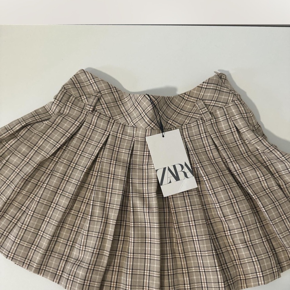 Zara Cream and Brown Pleated Skater Mini Skirt